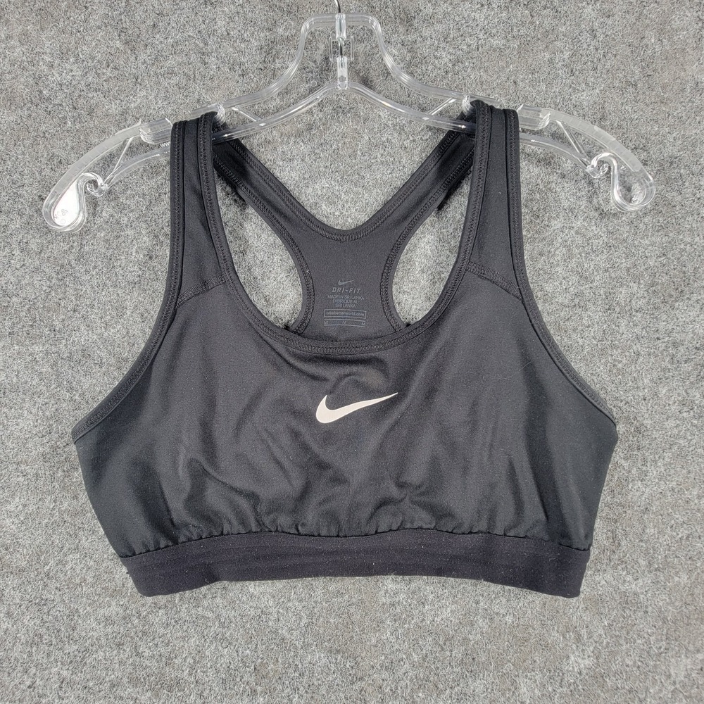 Nike Pro Dri Fit Sports Bra Womens M Black‎ Racerback Swoosh Logo Medium-Support